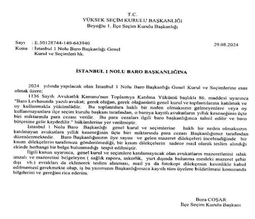 Baro seçimleri her ilde yaklaşıyor. Bu arada tüm avukatları ilgilendiren bir karar çıktı. Konu, seçimlere katılmama ve mazeret bildirimi.

Avukatlık Kanunu m.86 uyarınca baro seçimlerine katılmak ve katılıp oy kullanmak zorunludur. Katılmayanlara veya katılıp oy kullanmayanlara
