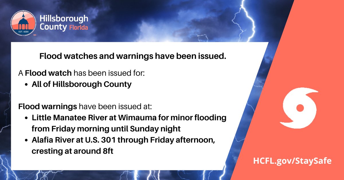 HillsboroughFL's tweet photo. Due to anticipated extreme weather in our area caused by Hurricane Helene, the National Weather Service has issued flood watches and flood warnings throughout Hillsborough County. 

Stay up-to-date with flood information, here: https://t.co/rmARFU3lc2 https://t.co/wSQwJlrDAI