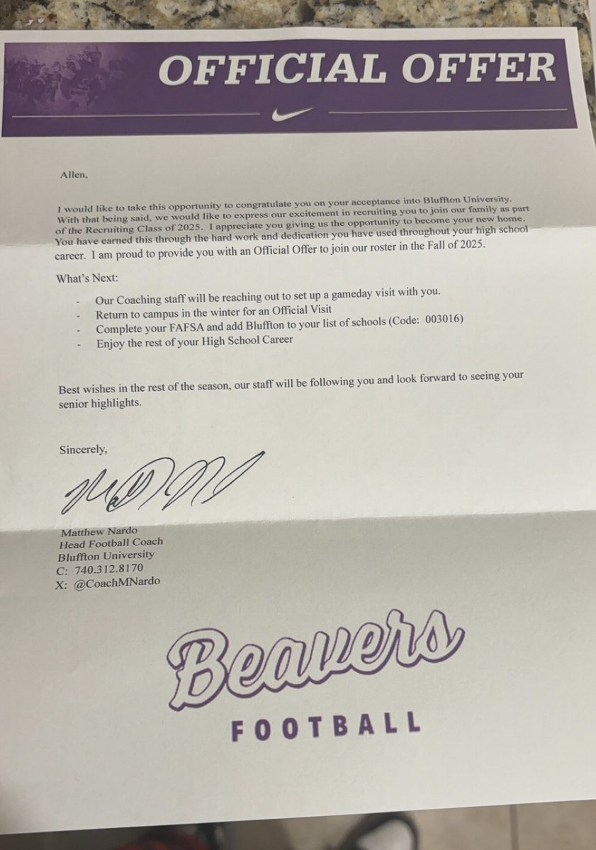 I am blessed to receive an offer from Bluffton University! Thank you <a href="/CoachMNardo/">Matt Nardo</a> <a href="/BlufftonFB/">Bluffton Football</a> 

<a href="/CoachCayard/">Coach Cayard</a> 
<a href="/OHLionsFB/">Olympic Heights HS Football</a> 
<a href="/EraPrep/">New Era Prep</a>