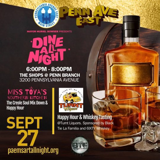 Art All Night  on PAEMS

🗓️ Friday, September 27, 2024

📍The shops at Penn Branch

🔗 RSVP eventbrite.com/e/art-to-the-f…

Happy Hour &amp; Whiskey Tasting (6pm-8pm):  Sponsored by 6ixty Peach Whiskey, Black Tie La Familia and Turnt Liquors will feature live DJ set and much more!