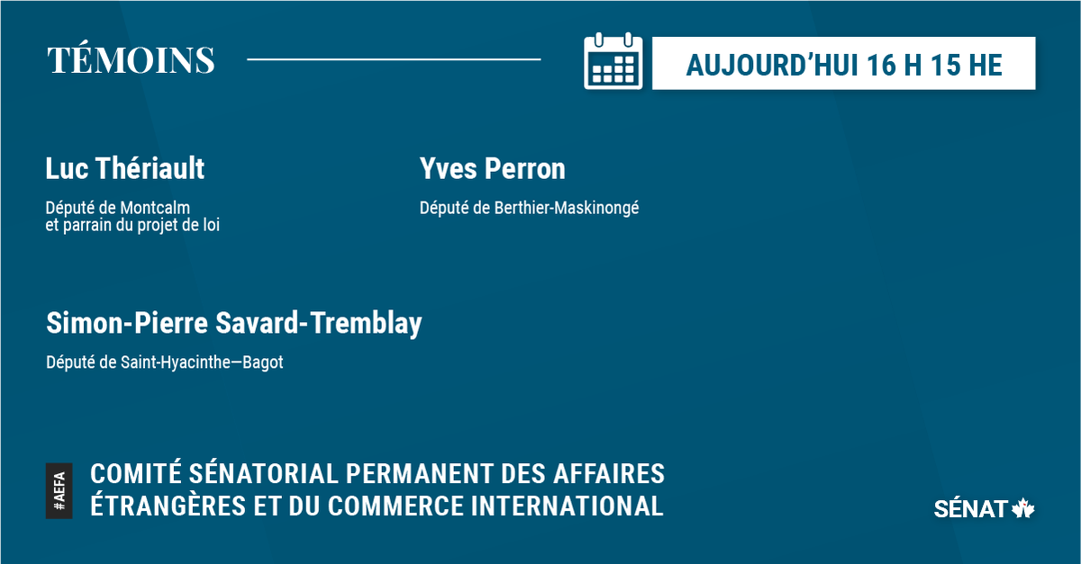SenatCA's tweet photo. Le Comité sénatorial des affaires étrangères et du commerce international reçoit @luctheriaultbq, @yvesperronbq et @SPSTremblay, en tant que témoins sur le projet de loi #C282.
 
📺 Regardez : https://t.co/m4leJr4XIc
 
#SenCA #AEFA #PolCan https://t.co/fKBeu3Rs29