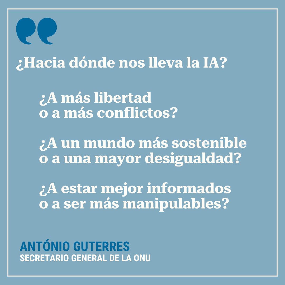 “Un puñado de empresas tiene un inmenso poder sobre el desarrollo de la Inteligencia Artificial”.

“Sin rendición de cuentas, podría crear divisiones”, alerta <a href="/antonioguterres/">António Guterres</a> en la #UNGA y llama a impulsar mayor transparencia.