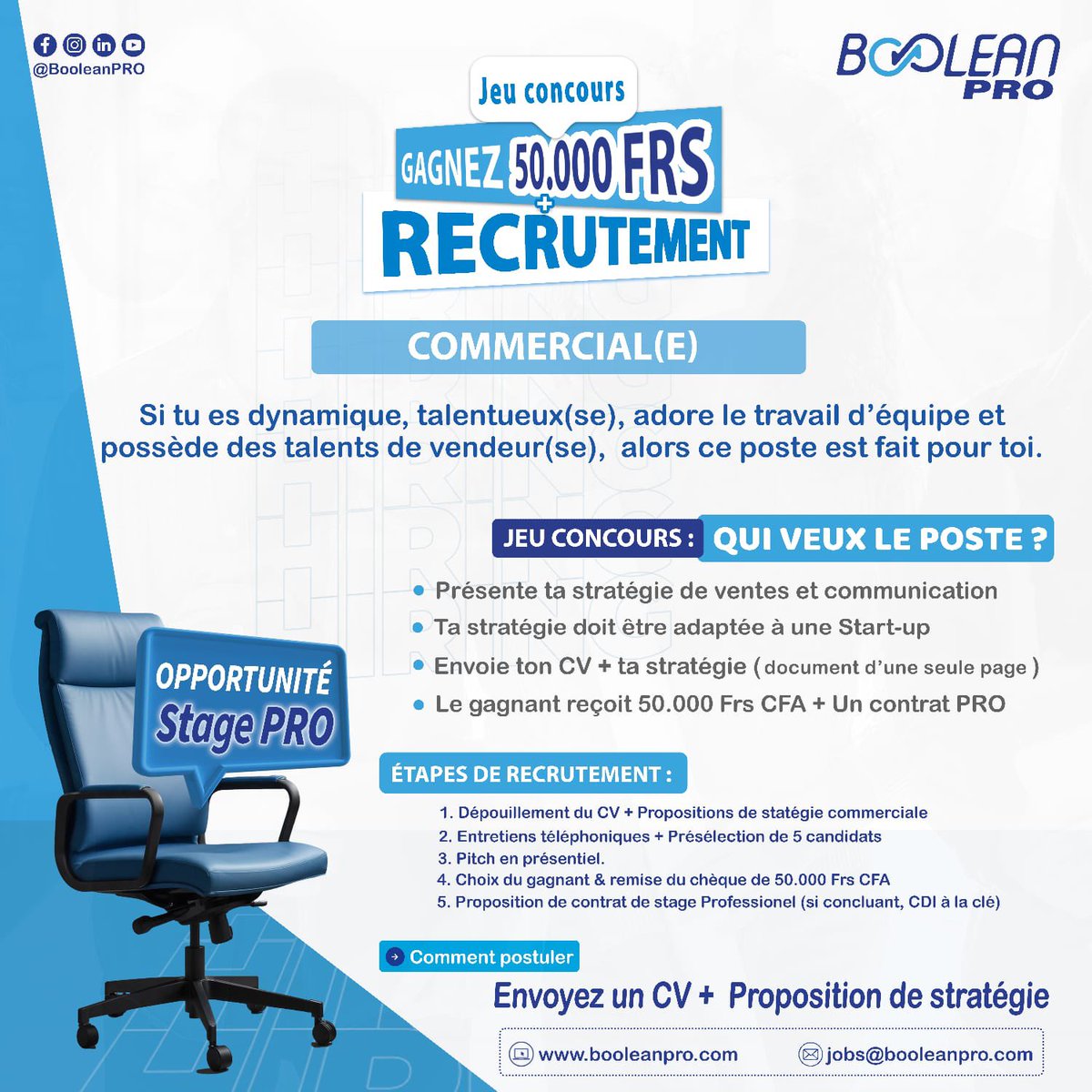 Boolean237's tweet image. ✨ 𝗢𝗣𝗣𝗢𝗥𝗧𝗨𝗡𝗜𝗧É 𝗗𝗘 𝗦𝗧𝗔𝗚𝗘 𝗣𝗥𝗢 ✨  

Tu es passionné(e) par la vente et la communication ? 

💼 𝗖𝗲 𝗽𝗼𝘀𝘁𝗲 𝗲𝘀𝘁 𝗽𝗼𝘂𝗿 𝘁𝗼𝗶 ! 💪
Participe à notre jeu-concours et décroche un 𝘀𝘁𝗮𝗴𝗲 𝗣𝗥𝗢 + 𝟱𝟬.𝟬𝟬𝟬 𝗙 𝗖𝗙𝗔. 🚀

1/2