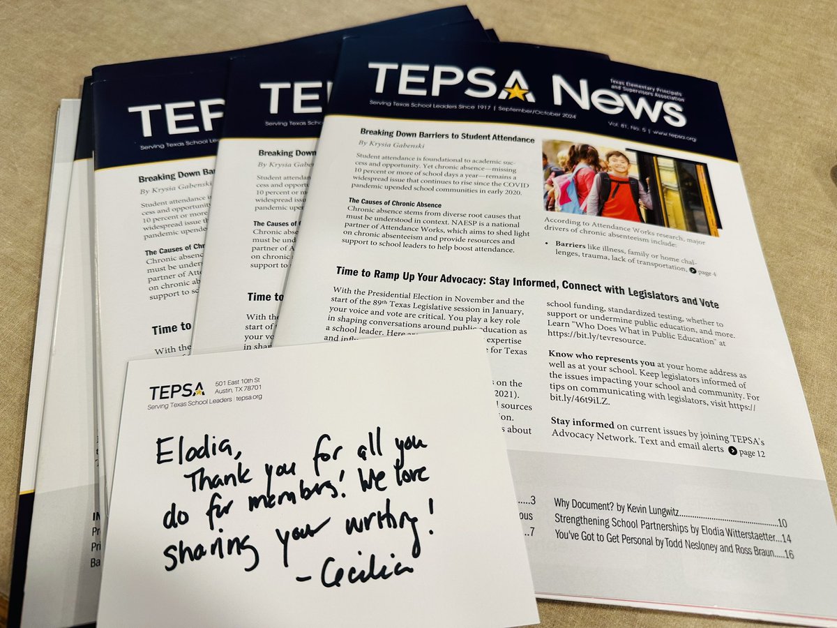 principal_witt's tweet photo. Thank you Texas Elementary Principals & Supervisors Association for the opportunity to contribute to the Sept/Oct issue of TEPSA News for The “S” in Supervisor.
It’s not too late to join!
Received a couple of extras in the mail. 💌
#LeadLearnGrow
#WeLeadTX @TEPSAtalk https://t.co/lJss1yuZD8