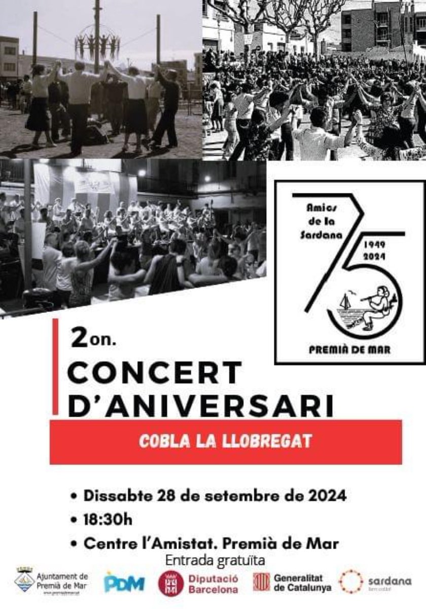 laLlobregat's tweet photo. 🎼Agenda la Llobregat:

🗓 DISSABTE 28 de setembre
📍 Premià de Mar
⏰ 18:30h Concert

🗓 DISSABTE 28 de setembre
📍 Rubí
⏰ 21:30h Aplec

🗓 DIUMENGE 29 de setembre
📍 Molins de Rei
⏰ 12h Ballada

🗓 DIUMENGE 29 de setembre
📍 Sant Cugat del Vallès
⏰ 16:30h Aplec

Ens veurem? https://t.co/RZG0xbUjzx