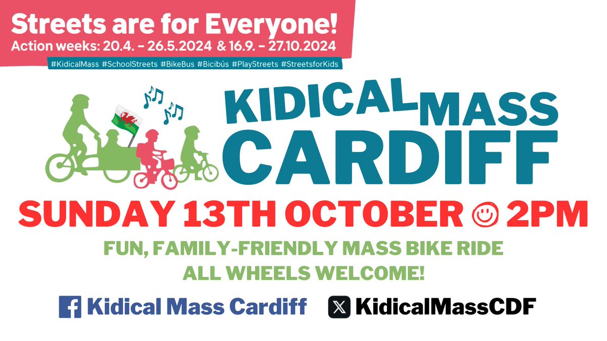 Hamish Belding (@bikewalkscoot) on Twitter photo 📢SAVE THE DATE! #KidicalMass is BACK! Join <a href="/KidicalMassCDF/">Kidical Mass Cardiff</a> fun, family-friendly mass bike ride in #Cardiff to demand #StreetsForEveryone in #Wales! 🚲🎶✊🌍🏴🙌 #JoinTheMovement
📅 SUNDAY 13TH OCTOBER @ 2PM
🚲All wheels welcome!
👀More details coming soon! 📢SAVE THE DATE! #KidicalMass is BACK! Join <a href="/KidicalMassCDF/">Kidical Mass Cardiff</a> fun, family-friendly mass bike ride in #Cardiff to demand #StreetsForEveryone in #Wales! 🚲🎶✊🌍🏴🙌 #JoinTheMovement
📅 SUNDAY 13TH OCTOBER @ 2PM
🚲All wheels welcome!
👀More details coming soon!