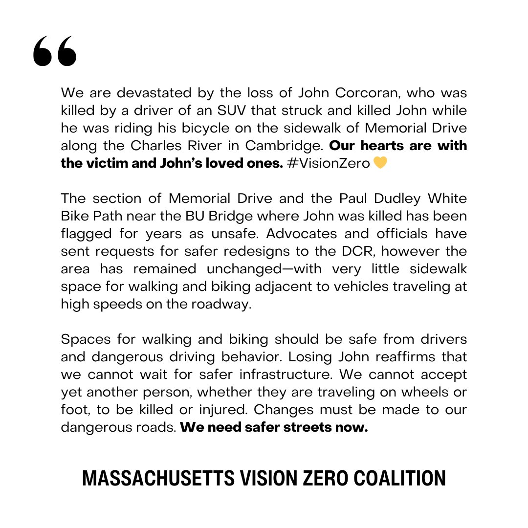 StreetsBoston's tweet photo. Our hearts are with the victim and his loved ones. #VisionZero 💛 We’ve heard a ghost bike will likely be placed in John’s honor sometime this week.

https://t.co/wkMrI9iZ9R https://t.co/1uPsfHWQGP