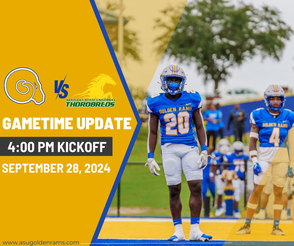 ASUGoldenRams's tweet photo. Schedule Update: Due to the potential impact of Hurricane Helene, we’ve rescheduled our game against Kentucky State to 4 pm on Saturday to prioritize the safety of our student-athletes, fans, and community. #CreatingLegacies #AllIn #MovetheNeedle https://t.co/V0AVByqDS8
