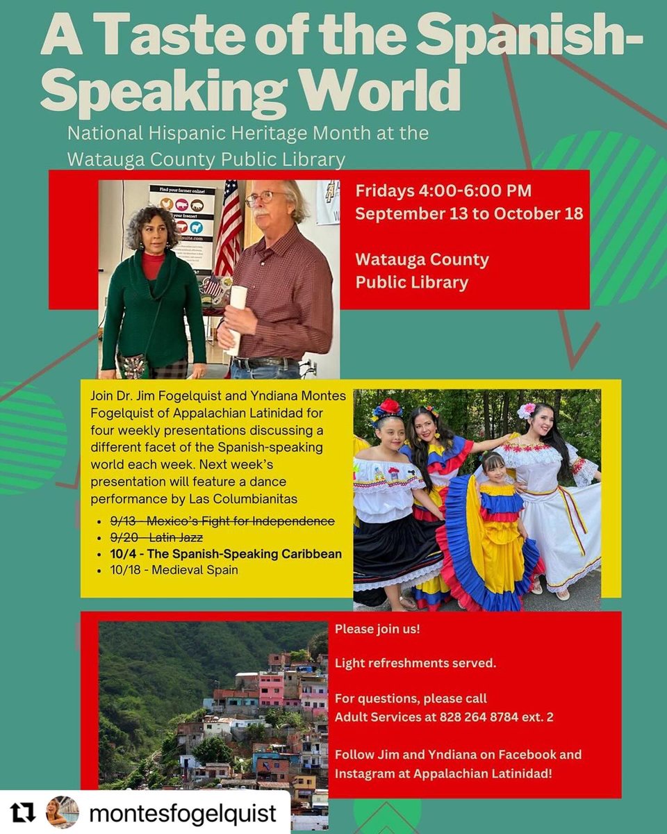 JimFogelquist's tweet photo. Debido al mal tiempo Las Colombianitas no bailarán este viernes ni @MontesYndiana hará arepas 🫓
No worries! Será el 4 de octubre de 4 a 6 de la tarde que celebraremos el #mesdelaherenciahiapana en la biblioteca pública de Boone. Yo hablaré del legado de
Gabriel García Márquez. https://t.co/pD0brTqA7v
