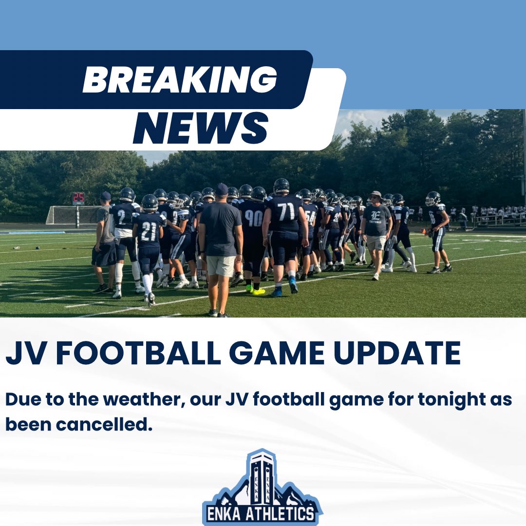 Enka Athletics NC (@enka_athletics) on Twitter photo Tonight’s Soccer & JV Football Game have been cancelled.
Make sure you are following our social media pages and have your app notifications turned on for any future athletic events & information.
<a href="/Enkajetfootball/">Enka Jets Football</a> <a href="/Chris_Womack/">Chris Womack</a> <a href="/EvanGerike/">Evan Gerike</a> Tonight’s Soccer & JV Football Game have been cancelled.
Make sure you are following our social media pages and have your app notifications turned on for any future athletic events & information.
<a href="/Enkajetfootball/">Enka Jets Football</a> <a href="/Chris_Womack/">Chris Womack</a> <a href="/EvanGerike/">Evan Gerike</a>
