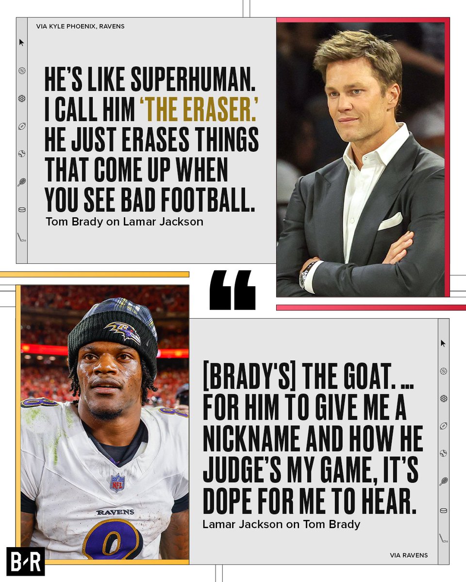 BleacherReport's tweet photo. Lamar appreciates Tom Brady’s praise and nickname for him — ‘The Eraser’ 🙏

(via @Ravens) https://t.co/fnYlAaA12t