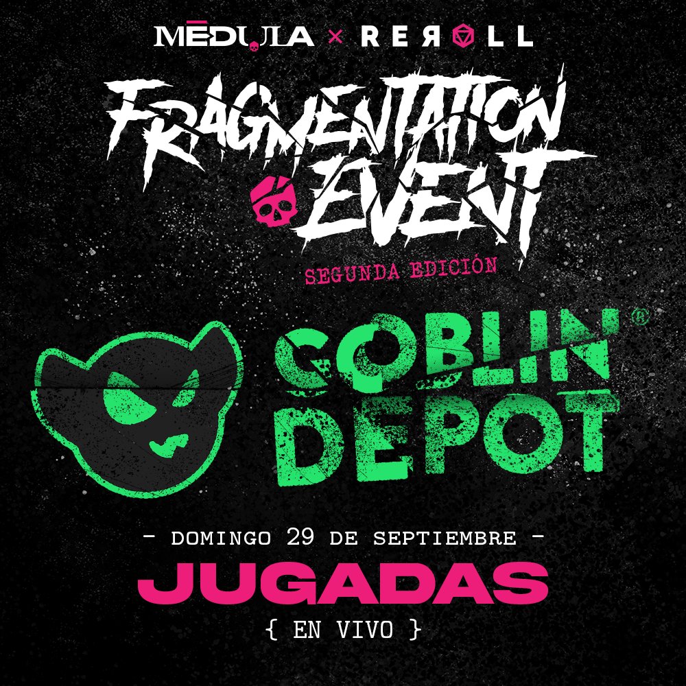 rerolldxd's tweet photo. ☠️ ¡Este domingo se llevará a cabo la segunda edición del Fragmentation Event, te esperamos en Goblin Depot!
☠️ Regístrate para participar en una de las mesas llenas de suspenso y terror:
https://t.co/imjzsQdxbQ
#ReRoll #Médula #SeLaAnomalía #GoblinDepot #FragmentationEvent https://t.co/4XUhdjjYkA
