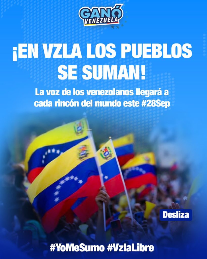 ConVzlaComando's tweet photo. ¡VENEZUELA ALZA SU VOZ! 🇻🇪🗺️

Este sábado 28 de septiembre, a las 12:00 m, los venezolanos alrededor del mundo nos unimos en la GRAN PROTESTA MUNDIAL.

El régimen pretende silenciarnos, pero no olvidamos el triunfo del 28 de julio. ¡Vamos a hacer que la verdad se escuche y vamos a cobrar la victoria! 

🤔 ¿Cómo sumarte? #YoMeSumo

1️⃣ Convoca a 40 o más personas en tu comunidad.