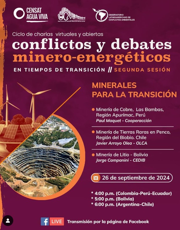 cedib_com's tweet photo. 📣#HOY 26/sept continua la segunda sesión de #CharlasVirtuales "Conflictos y Debates Minero-Energéticos"
Exponiendo el caso de #Bolivia sobre proyecto #litio, @GeorgeCampanini
📌 ¡Únete a esta conversación a través de @CensatAguaViva !
https://t.co/IjYXvkIYD9
⏰Hrs. 17:00 https://t.co/F3Dwz5BiIk