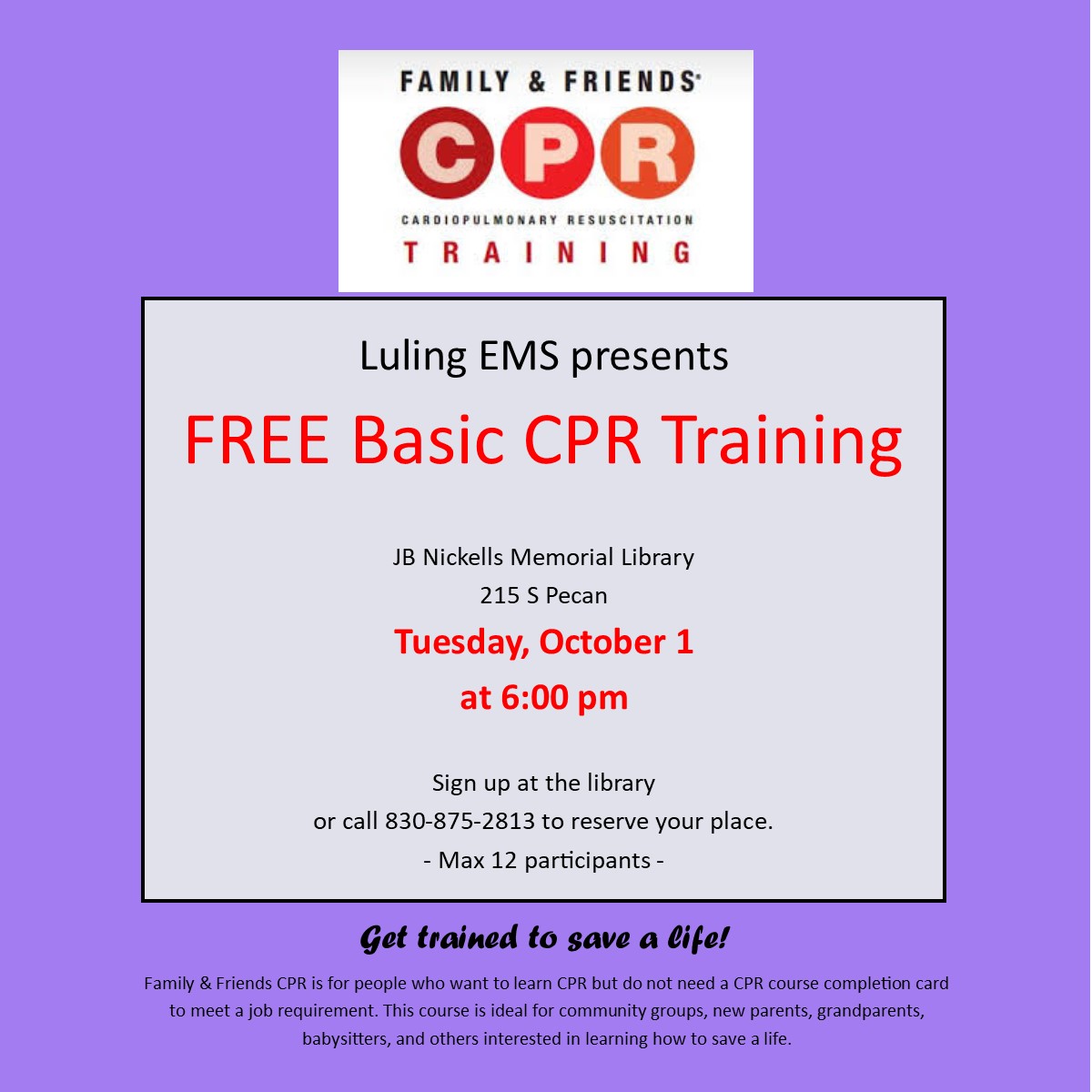 LulingPbLibrary's tweet image. Last chance to take advantage of the FREE Basic CPR Training by the Luling EMS is Tuesday, October 1. We have a few open slots left if you would like to sign up. Please call or come by the library if interested. #cprsaveslives #lulingems #lulingtexas #lulingpubliclibrary