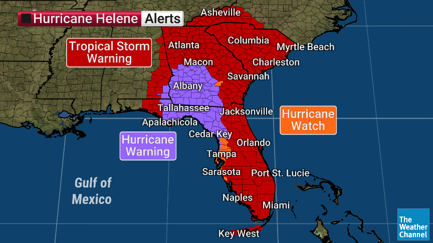 weatherchannel's tweet photo. Tropical storm watches have been upgraded to warnings ahead of Helene for inland areas, including Atlanta. Here's a look at the latest alerts: https://t.co/busukiq2qA