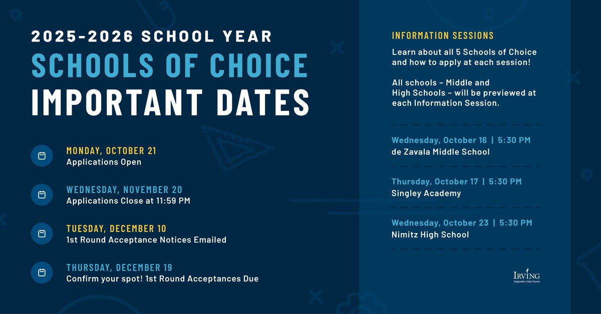 📣 Attention, students and families! Stay updated on important dates 📆 this School Choice season to ensure you don't miss the application deadline. ⏰ Learn more about our 5️⃣ Schools of Choice for the 2025-2026 school year at IrvingISD.net/SchoolChoice. 

#IISDSchoolChoice