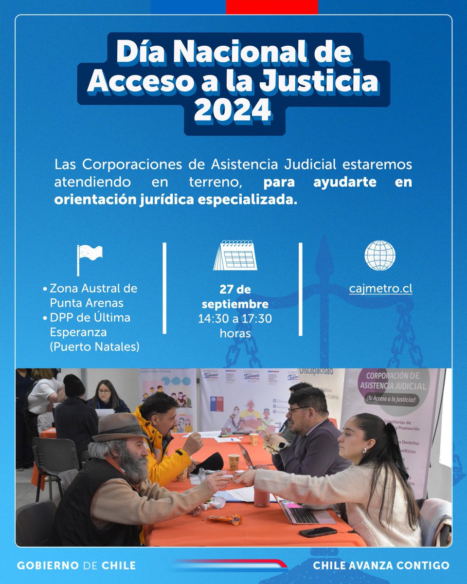 En un nuevo Día del acceso a la Justicia todas las lineas y programas de la Corporación de asistencia judicial en atención juridica gratuita. En #puntaarenas los esperamos en Zona Austral (zona franca) y en #puertonatales en la Delegación presidencial provincial, este viernes 27