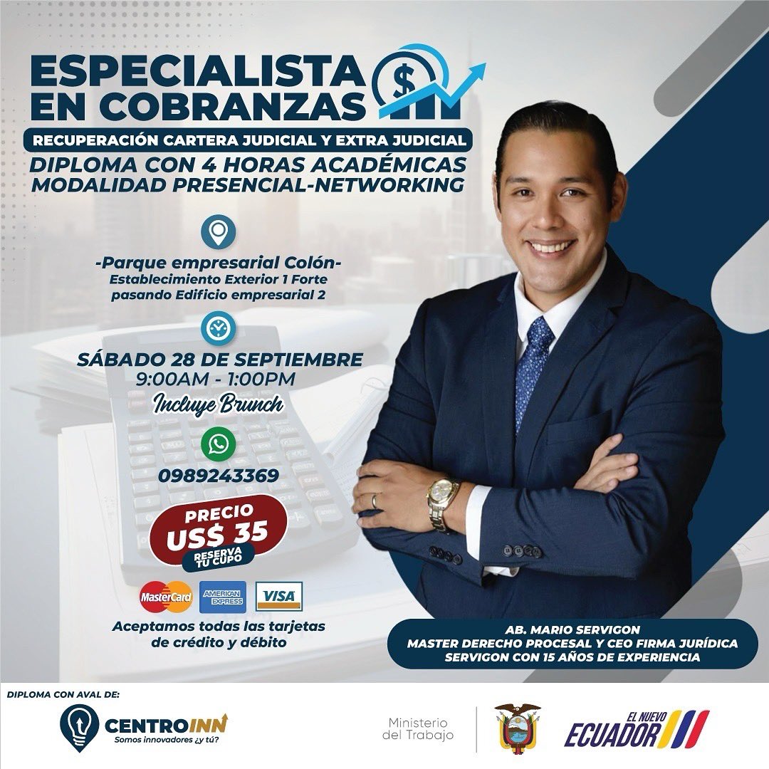 faltamiranoec's tweet photo. En @centroinnec contamos con una capacitación completa que te permita aplicar un buen plan de cobranzas para reducir riesgos y aumentar tu cartera de clientes. Capacitación presencial con planta generadora de energía. Bajo inscripción cómoda $35. Te esperamos. 📲0989243369.
 3/3 https://t.co/iuCffIUlO2