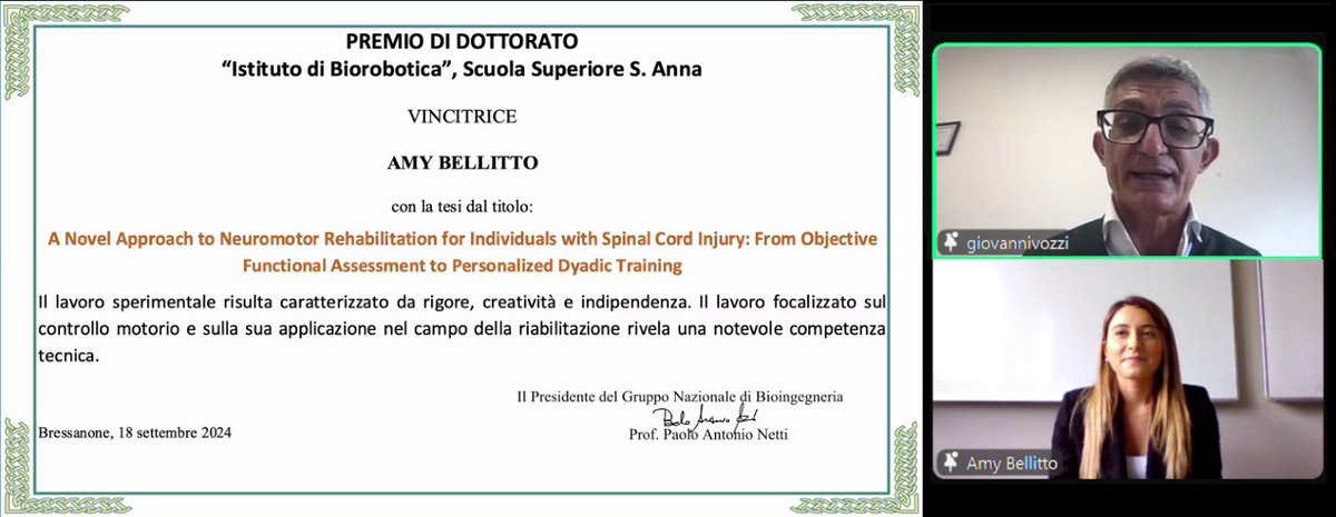 We’re extremely proud to share that <a href="/AmyBellitto/">Amy Bellitto</a>, #postdoc in our lab received the prestigious #PhD #Thesis #award from the #National #Bioengineering Group, #BioRobotics #Institute <a href="/ScuolaSantAnna/">ScuolaSantAnna</a> for her work for individuals with #SpinalCordInjury carried out at <a href="/SCI_Lab_Italy/">Spinal Cord Italian Laboratory</a>
