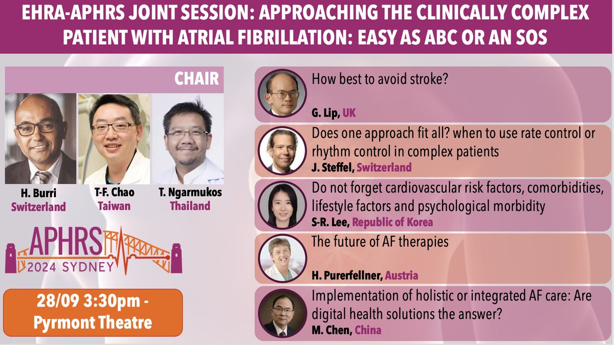 #APHRS2024 - Joint Society Session
🗓️28/09 at 3:30pm 📍Pyrmont Theatre

#AFib can be challenging, especially in complex patients. 💡 This session will explore how to approach challenging cases, offering practical strategies and expert insights to help you tackle the toughest AF