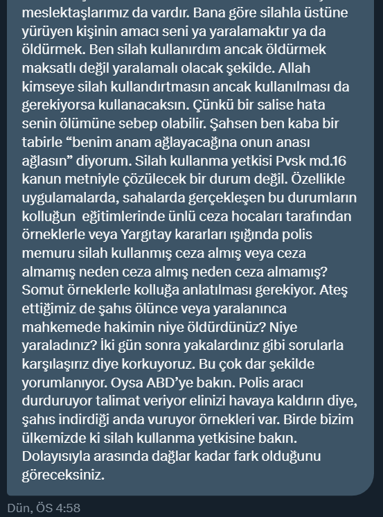 yankibuyuksezer's tweet photo. Hem polis memuru hem avukat olan bir meslektaşımızın "polisin vurma yetkisine" dair görüşleri. Kendisi bu mesajı, yayınlanmasını isteyerek benle paylaştı https://t.co/MfSqjVds5y