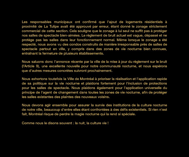 Déclaration de MTL 24/24 sur la récente  décision de la Cour d'appel concernant La Tulipe et la modification du  règlement sur le bruit (l’Article 9)