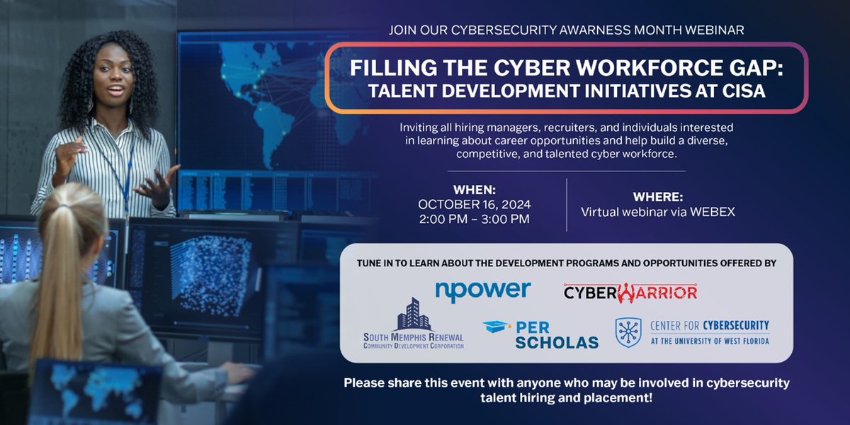📣NEW LIVE WEBINAR COMING SOON! With Cybersecurity Awareness Month around the corner, CISA wants YOU🤓 to learn more about how to grow the cyber workforce! Secure (and grow!) your workforce with this free webinar Oct. 16th at 2:00pm ET. Check out eventbrite.com/e/filling-the-… for more!