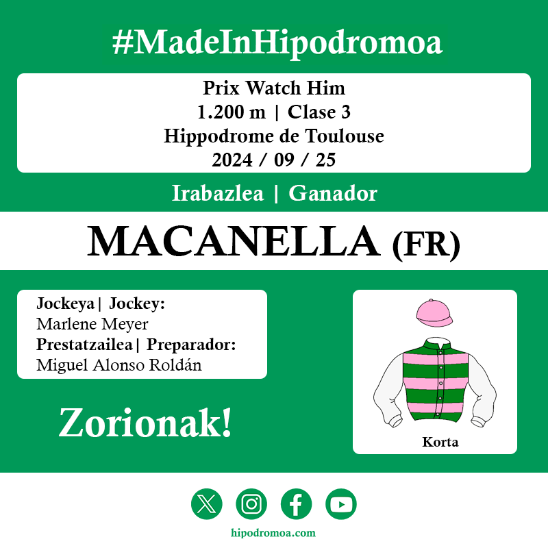 🥇 [𝗚𝗔𝗥𝗔𝗜𝗣𝗘𝗡-𝗧𝗥𝗜𝗨𝗡𝗙𝗢 𝗗𝗢𝗡𝗢𝗦𝗧𝗜𝗔𝗥𝗥𝗔]

🏇 Prix Watch Him
🇫🇷 Toulouse

🐴 MACANELLA (FR)
🧢 Marlene Meyer
👤 Miguel Alonso Roldán
👕 Korta

🎉 𝗭𝗢𝗥𝗜𝗢𝗡𝗔𝗞!

#MadeInHipodromoa