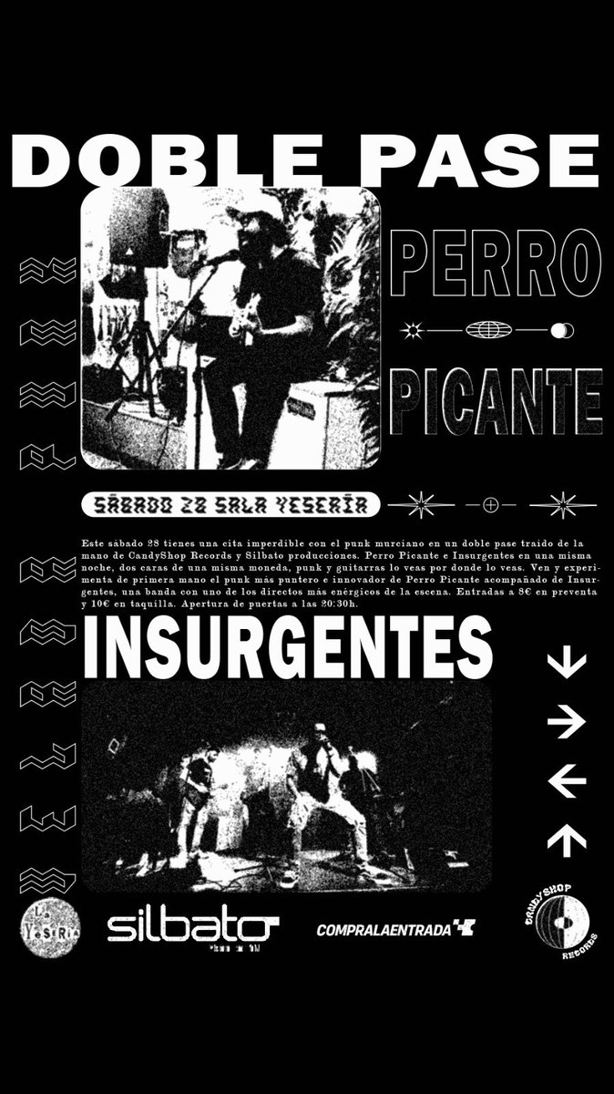 Hola hola!!
Este sábado nuestro <a href="/perropicante92/">Perro Picante</a> toca junto con los <a href="/InsurgentesRock/">Insurgentes Rock</a> en un doble pase de punk en la yesería, vuestra sala preferida!!

compralaentrada.com/event/perro-pi…
