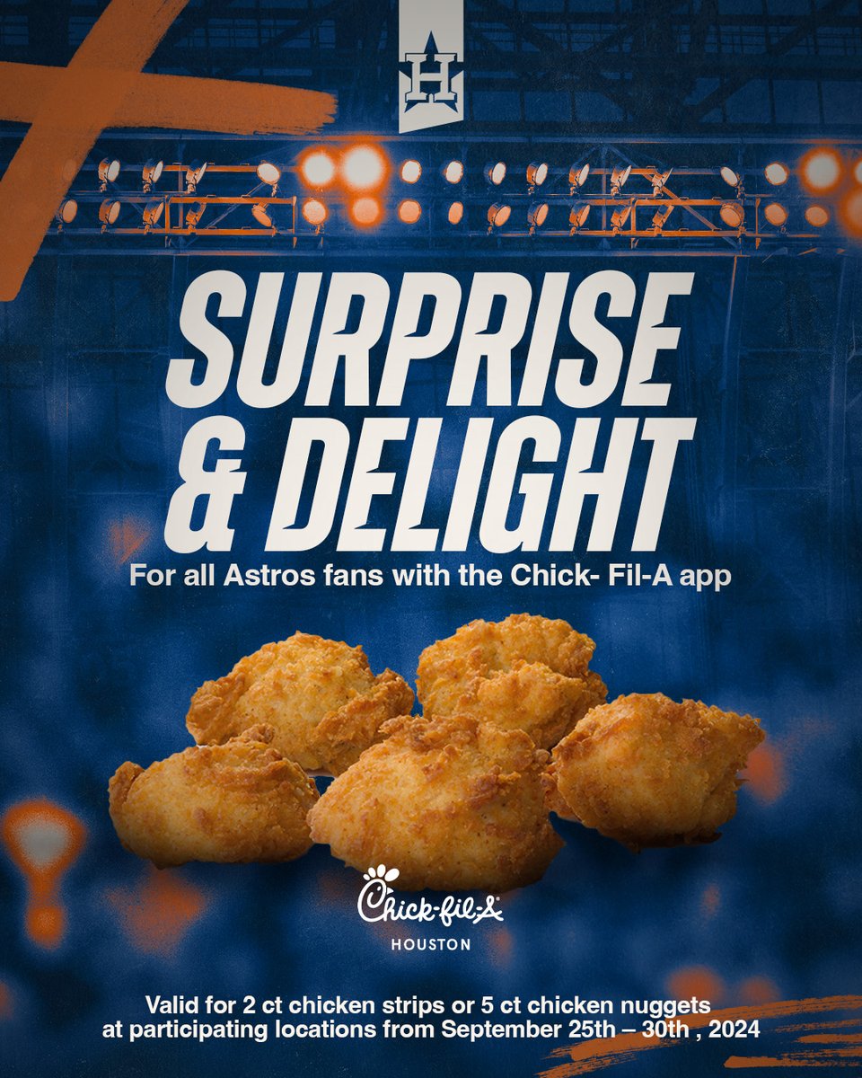 astros's tweet image. We have a special offer just for you! Start your day with FREE @ChickfilA!

Open the Chick-fil-A App from September 25-30 to claim your free 2 ct chicken strips or 5 ct chicken nuggets. Offer available only in the Chick-fil-A App at Houston area Chick-fil-A restaurants.