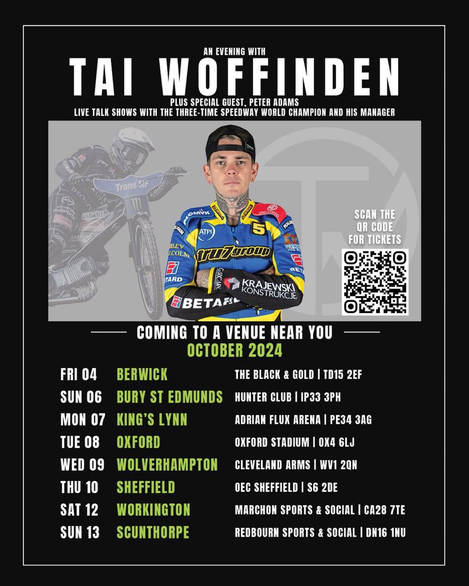 3x World Speedway Champion Tai Woffinden, and Britains most successful speedway manager Peter Adams are going on tour, next week! Starting in the Black &amp; Gold at Berwick 🍻 Tickets &gt;&gt; portal.offbeattickets.com/o/Woffinden?