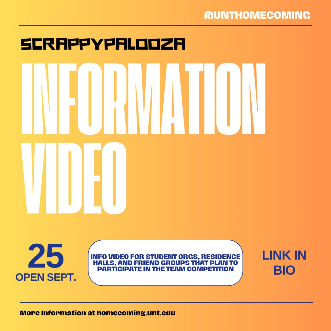 Calling all Team Captains! ☎️ The Team Competition Info Video is ready for viewing. Similar to our former info sessions, this video will help clarify Team Competition, Royalty, and Event information. 

Link in bio to watch full video!

#UNThomecoming #InfoVideo
#Scrappypalooza