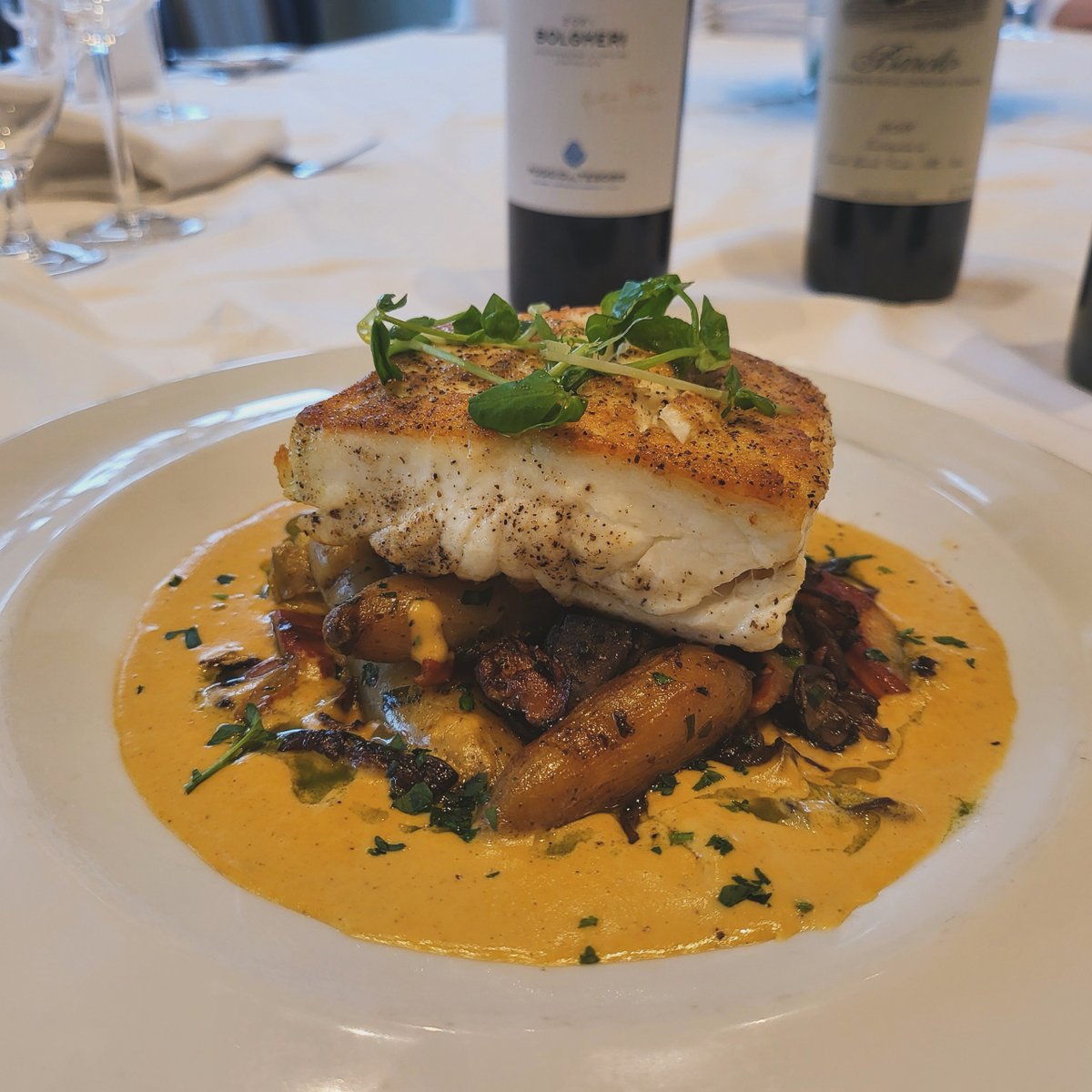 Pan seared halibut, wild mushrooms (lobster, Chantelle, shitake,oyster, yellow) roasted baby potato, lobster mushroom cream sauce fresh herbs, evoo feature by Executive Sous Chef Walter Balkiewicz