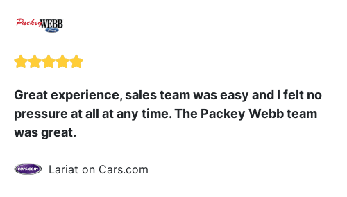 PackeyWebb's tweet photo. Packey Webb Ford (03356) just received a great review on https://t.co/UWSCtmDm0v. Thank you Lariat! https://t.co/CQNttdfq47 https://t.co/EXRWsVyprL