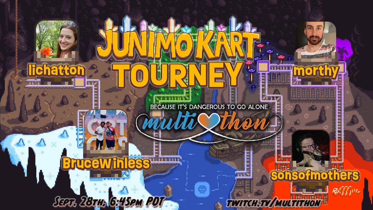<a href="/multithon/">Multithon</a> Rivals Junimo Kart tourney in 3 days! Your racers are past champions and runners up from previous tourneys. Some may say they’re the best of the best…but only one can bring the crown home. Tune in this Saturday at 6:45pm PDT for some wicked karting!