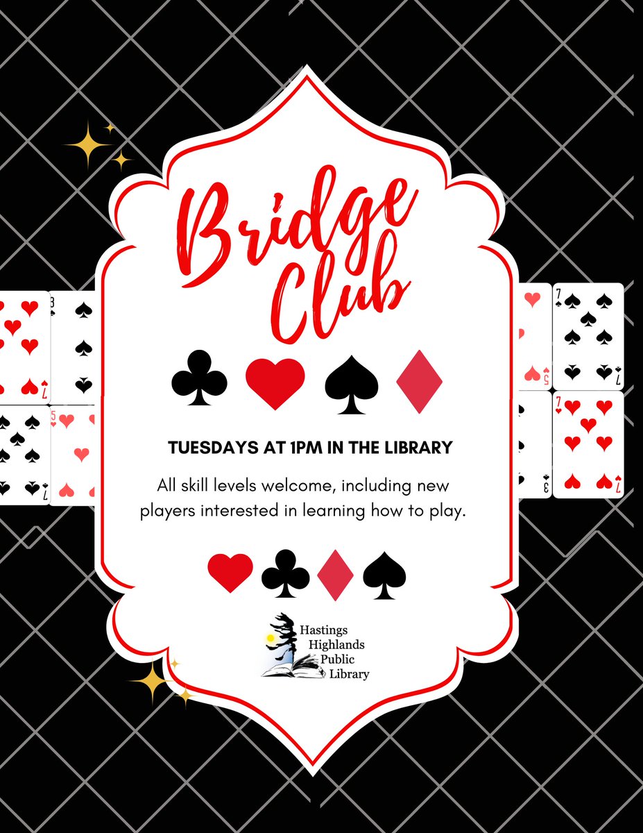 maynoothlibrary's tweet photo. Looking for something to do on Tuesday afternoons? Check out our Bridge Group every Tuesday in the library at 1pm. Players of all skill levels are welcome.

Visit us at 33011 Hwy 62 Maynooth in the Hastings Highlands Centre building. https://t.co/9eTpxwXPxV