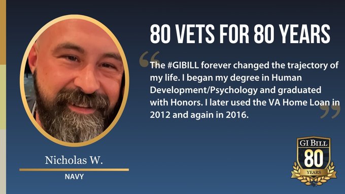 MDVAHCS's tweet image. After active duty, Nicholas found it hard to obtain employment. He completed his degree with Honors due relief of financial stress with the #GIBill. He used the VA Home Loan in 2012 &amp;amp; 2016. He serves Veterans, service members &amp;amp; their families! #80Vetsfor80Years #IUsedMyGIBill