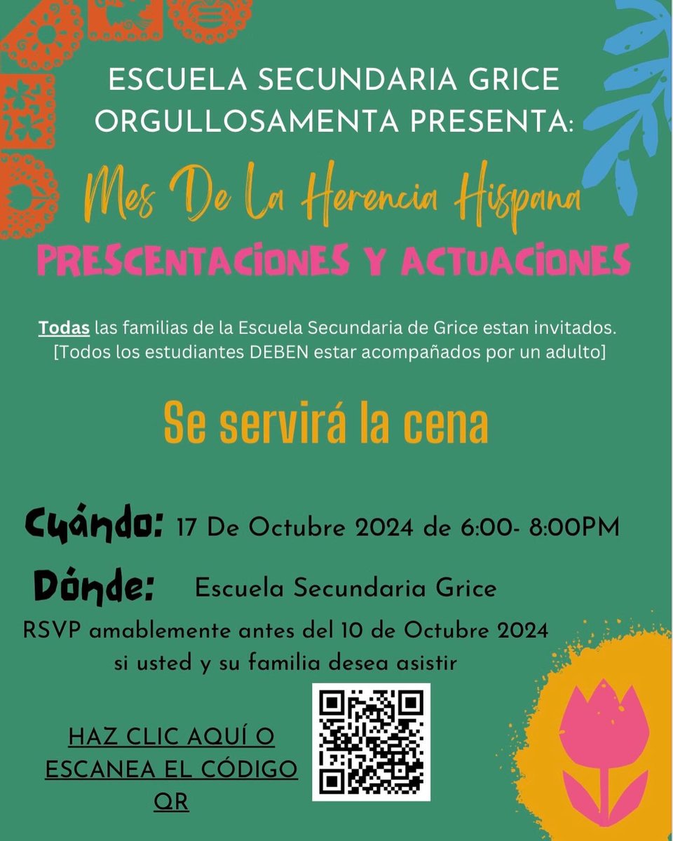 Join us for Hispanic Heritage Night at Grice as we celebrate the vibrant cultures, traditions, and contributions of the Hispanic community! 🇲🇽🇨🇴🇪🇸 Experience an unforgettable evening of music, food, and performances that honor the heart and soul of Hispanic heritage. 🌎✨
