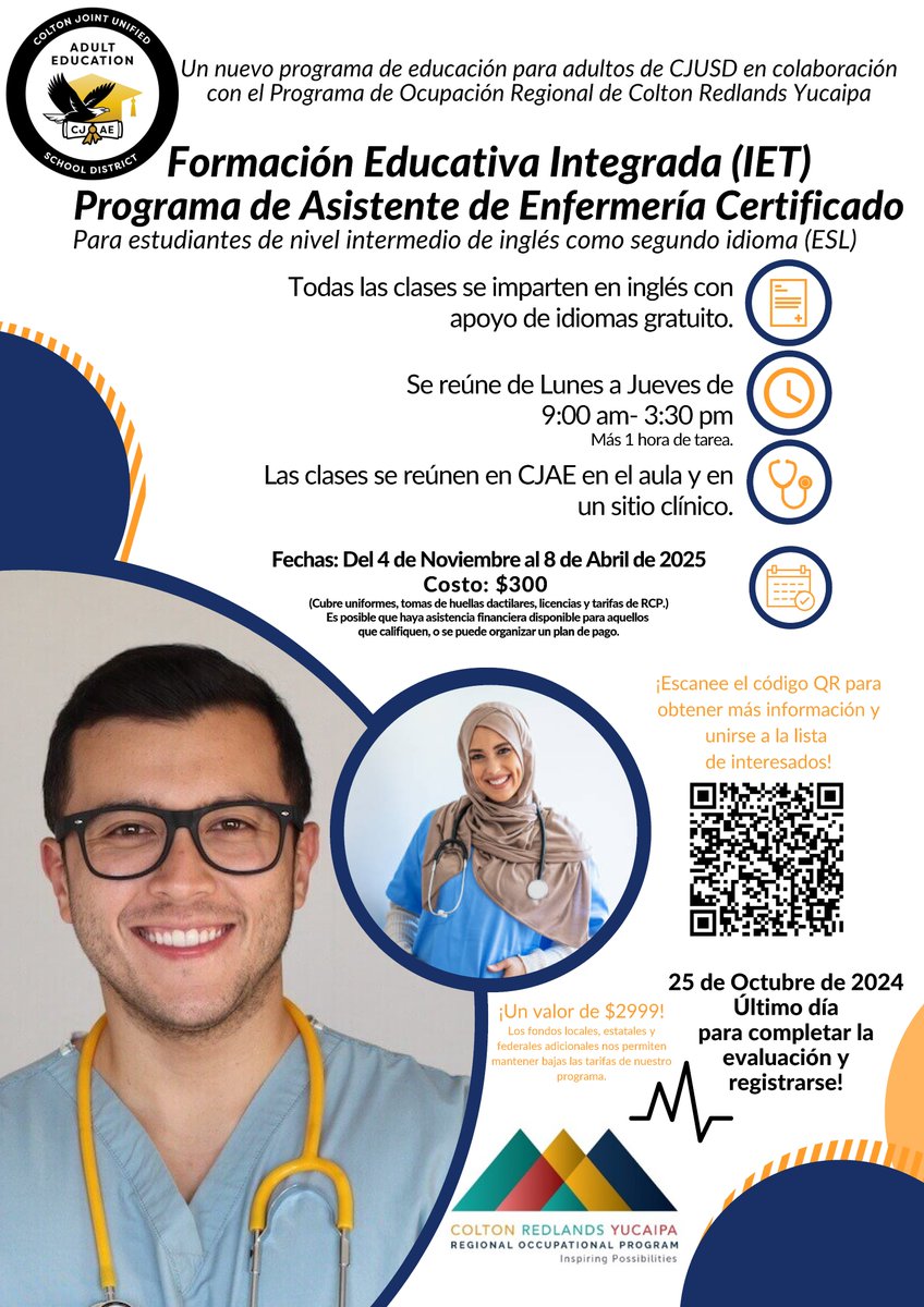 Formación Educativa Integrada (IET) Programa de Asistente de Enfermería Certificado
Se reúne de Lunes a Jueves de 9:00 am- 3:30 pm
Las clases se reúnen en CJAE en el aula y en un sitio clínico.
Del 4 de Noviembre al 8 de Abril de 2025
Costo: $300