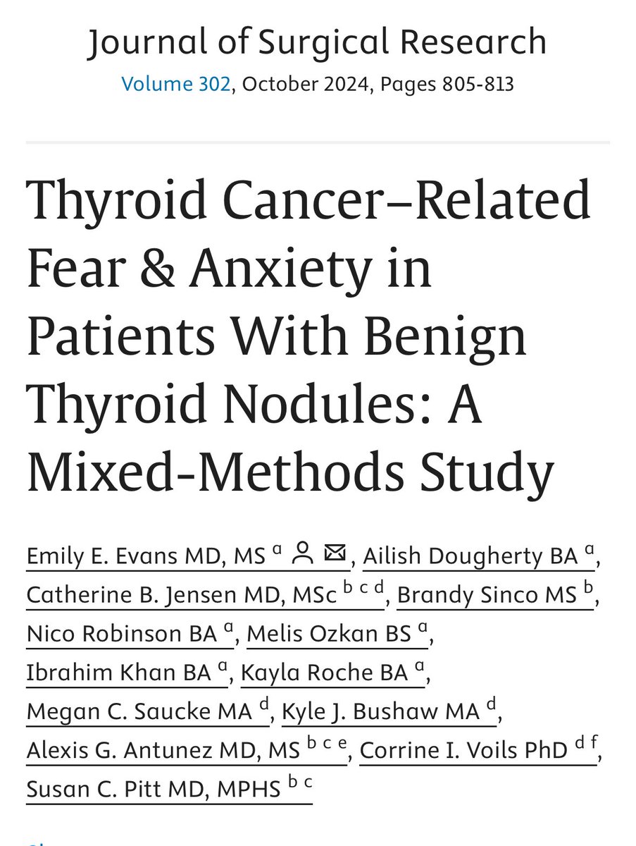 Emily Evans, MD, MS (@emilyelisaevans) on Twitter photo So excited to be able to share this work in <a href="/JSurgRes/">Journal of Surgical Research</a>! A multifaceted person-centered approach to care is needed to address negative emotions experienced by patients with thyroid nodules and ultimately improve the quality of thyroid cancer care.
sciencedirect.com/science/articl… So excited to be able to share this work in <a href="/JSurgRes/">Journal of Surgical Research</a>! A multifaceted person-centered approach to care is needed to address negative emotions experienced by patients with thyroid nodules and ultimately improve the quality of thyroid cancer care.
sciencedirect.com/science/articl…