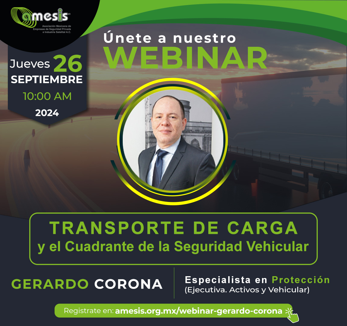 AmesisOficial's tweet photo. Inscríbete en el Webinar de AMESIS
"Transporte de carga y el cuadrante de la seguridad vehicular"
A cargo de Gerardo Corona
Jueves 26 de Septiembre 10:00a.m.
https://t.co/gADfXZNoD0 https://t.co/dHEeqzoE1i