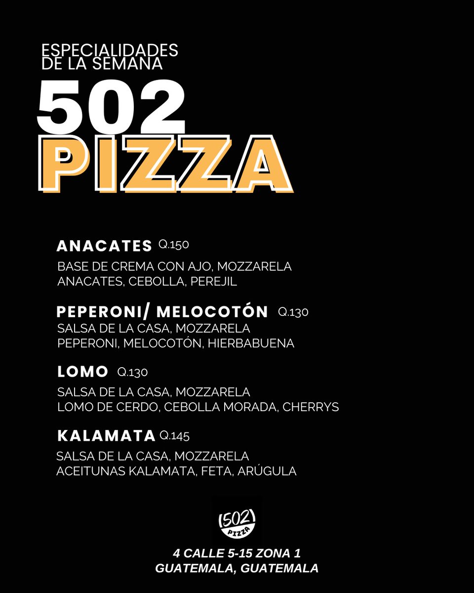 502Pizza's tweet photo. Especialidades de la Semana 🔥 

Domicilio: 3723-9063 
.
.
#502pizza #lapizzadelcentro #502pizzaescomunidad https://t.co/DBzeFEc6RB