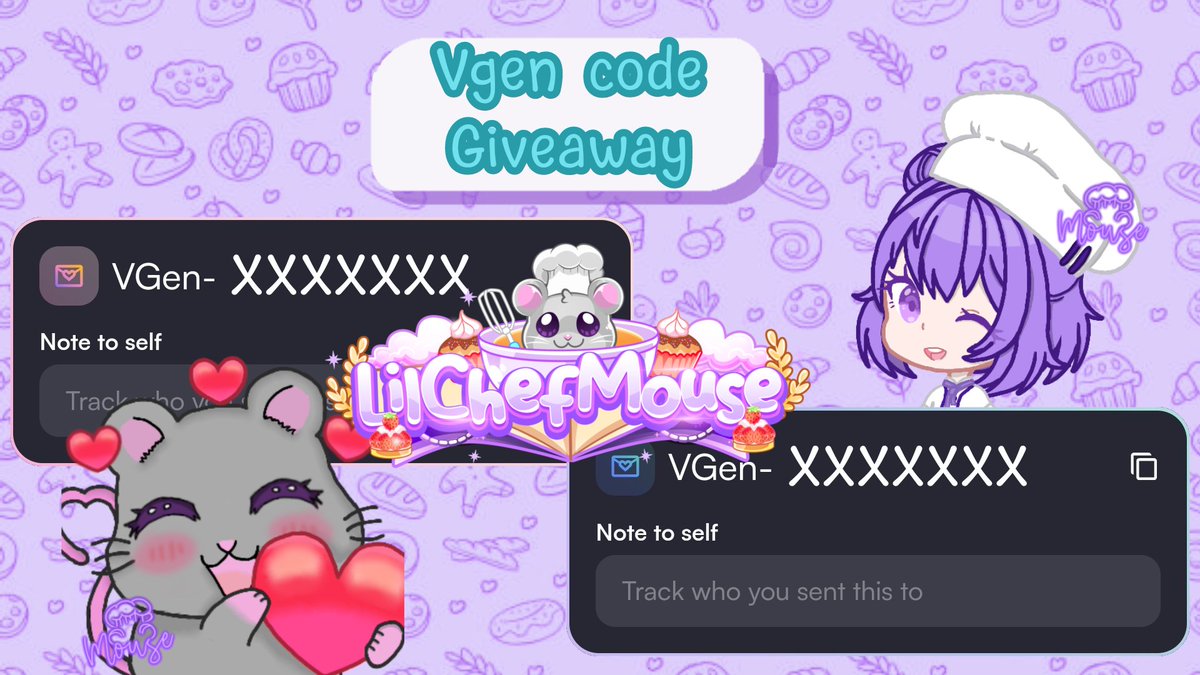 🧁VGen Code Giveaway 🧁
I have 4 invites and want to give them away!
To participate:
•Reply with your artwork/portfolio
•🔁 so this can reach more people 💜

❤ + Follows appreciated!   |   Ends: Oct 4th 💜
I'll come back to this and pick the artists myself!💜
#VGen #VGenCode