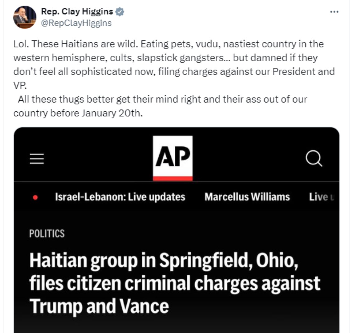 Matt K. (@mattjkoe) on Twitter photo The tweet has since been deleted, but it’s wild that <a href="/RepClayHiggins/">Rep. Clay Higgins</a> thought his tweet was good to send out to the internet. The tweet has since been deleted, but it’s wild that <a href="/RepClayHiggins/">Rep. Clay Higgins</a> thought his tweet was good to send out to the internet.