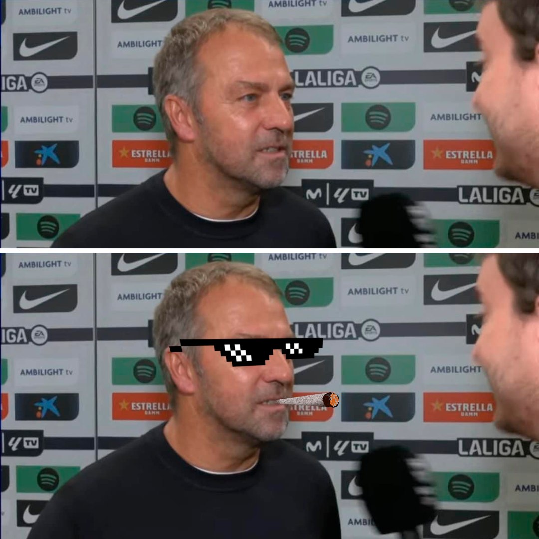 Tocapilotes's tweet photo. PERIODISTA: “Solo pudieron ganar 1-0”. 

HANSI FLICK: "Digame usted, ¿Cuántos puntos obtienes si solo ganas 1-0?". 

Ya empezó a domar también fuera 🚬 https://t.co/4QmZaytpgG