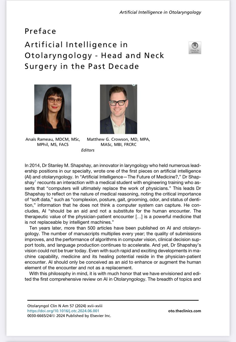 Dr. Sujana Chandrasekhar (@drsujanaent) on Twitter photo Hot off the presses! Latest OCNA #ArtificialIntelligence in #Otolaryngology guest ed by <a href="/throatbuddha/">Anaïs Rameau, MD MPhil</a> & Matt Crowson. I wrote my fwd using #ChatGPT : oto.theclinics.com/article/S0030-… ; they did not: oto.theclinics.com/article/S0030-… - <a href="/PlasSurgENTClin/">PlasticSurgENTClin</a> Use Oto30 for 30% off: us.elsevierhealth.com Hot off the presses! Latest OCNA #ArtificialIntelligence in #Otolaryngology guest ed by <a href="/throatbuddha/">Anaïs Rameau, MD MPhil</a> & Matt Crowson. I wrote my fwd using #ChatGPT : oto.theclinics.com/article/S0030-… ; they did not: oto.theclinics.com/article/S0030-… - <a href="/PlasSurgENTClin/">PlasticSurgENTClin</a> Use Oto30 for 30% off: us.elsevierhealth.com
