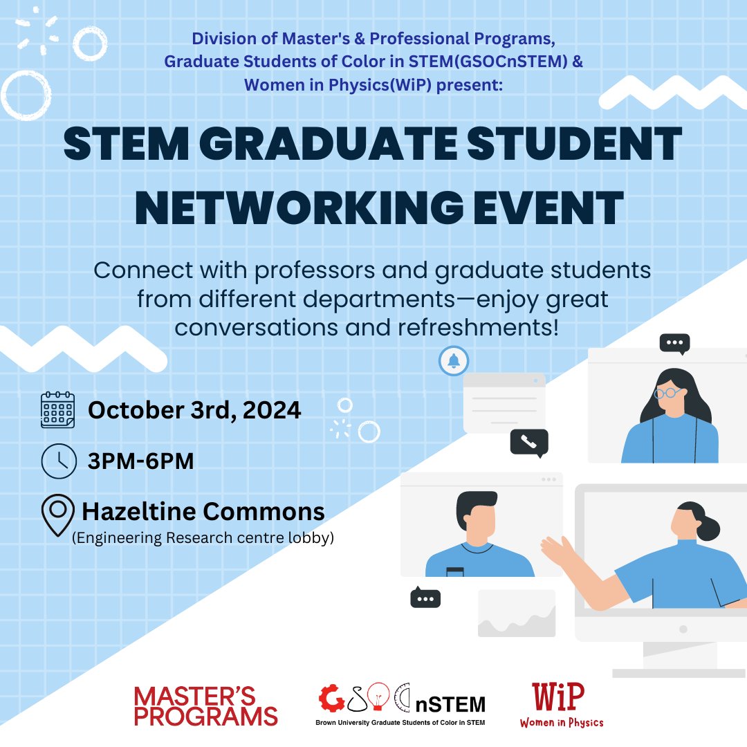 Join GSOCnSTEM, SPS &amp; WiP for our STEM Networking Event on Thurs, Oct 3rd at 3pm @ Hazeltine Commons Lobby of the ERC building (345 Brook St). Connect with your cohorts, and network with both grad students and faculty outside your department over light refreshments☄️RSVP in bio!