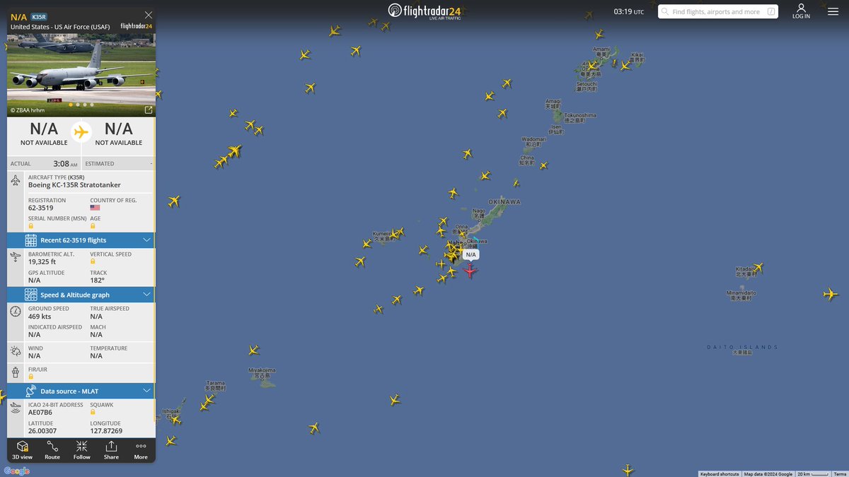 AIYeyENGDdJkjTr's tweet photo. Sept. 26, 2024
#Okinawa Kadena Air Base ==>
#NoCALLSIGN #AE07B6 USAF KC-135R Stratotanker https://t.co/KVttqCojwt