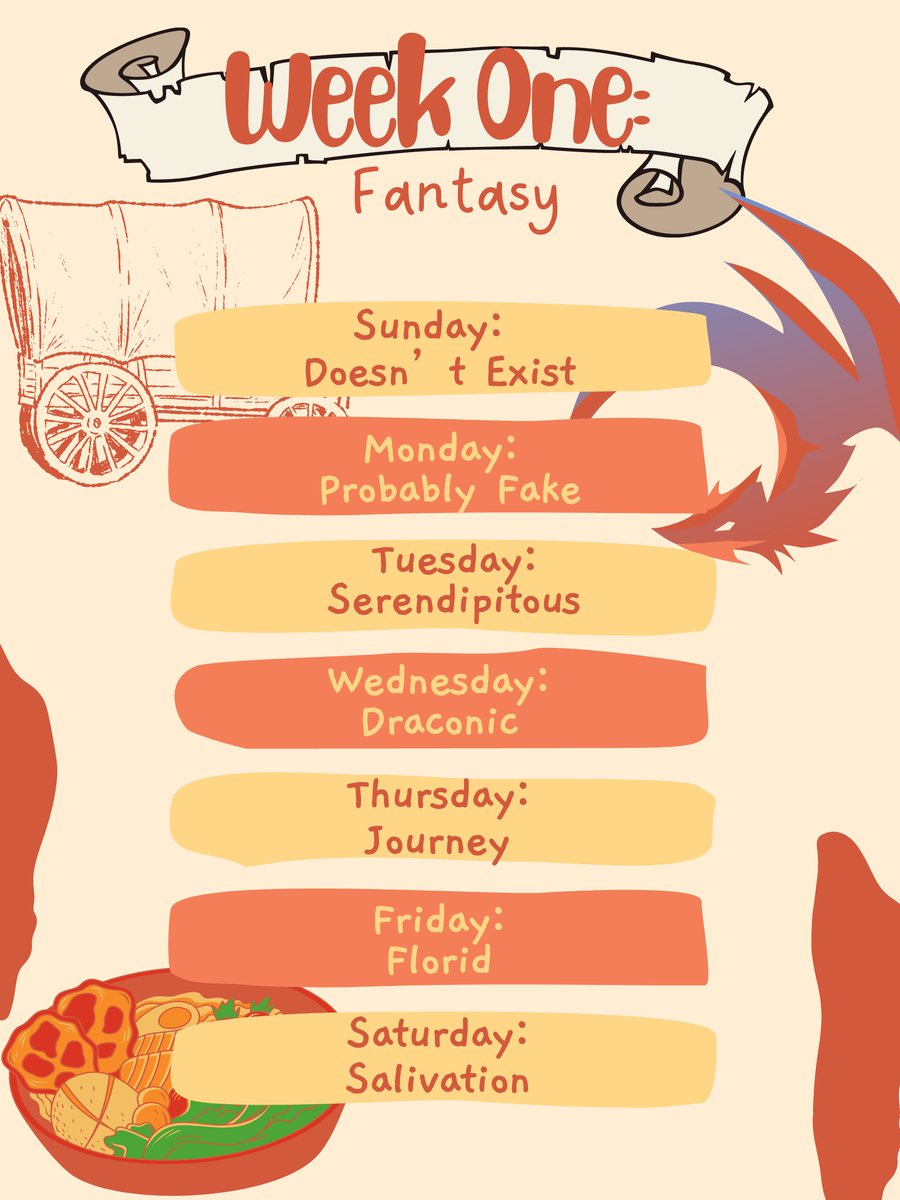 Friends have me really wanting to Inktober, but since I'm still boycotting that, I've made my own prompt list for October this year. Sharing in case anyone wants to draw along!
Week one for October will be... Fantasy!